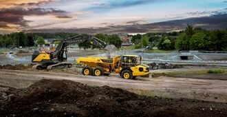 Volvo A25 articulated hauler working in road construction, transporting material with high productivity and stability
