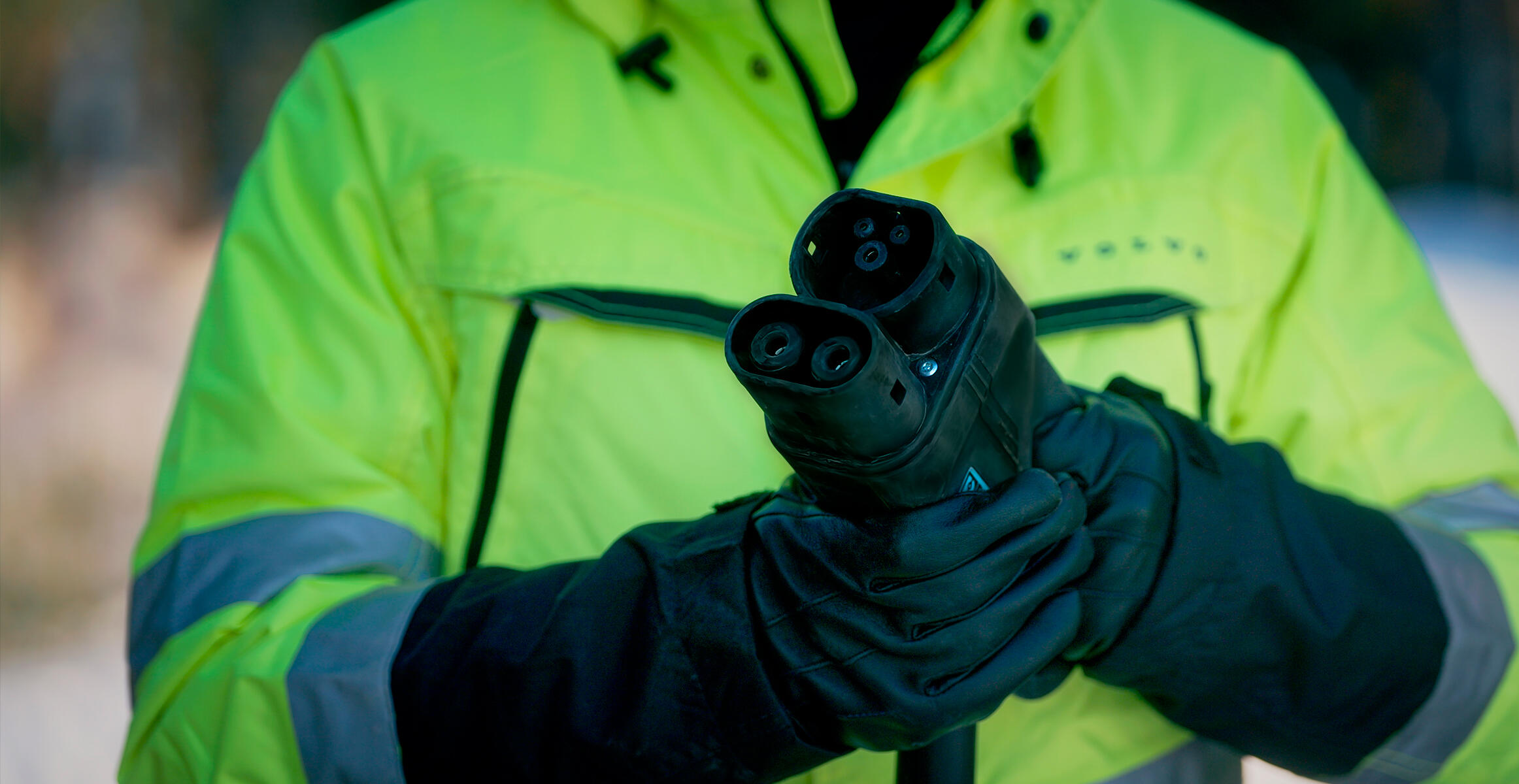 A close view of a CCS2 connector for recharging purposes.