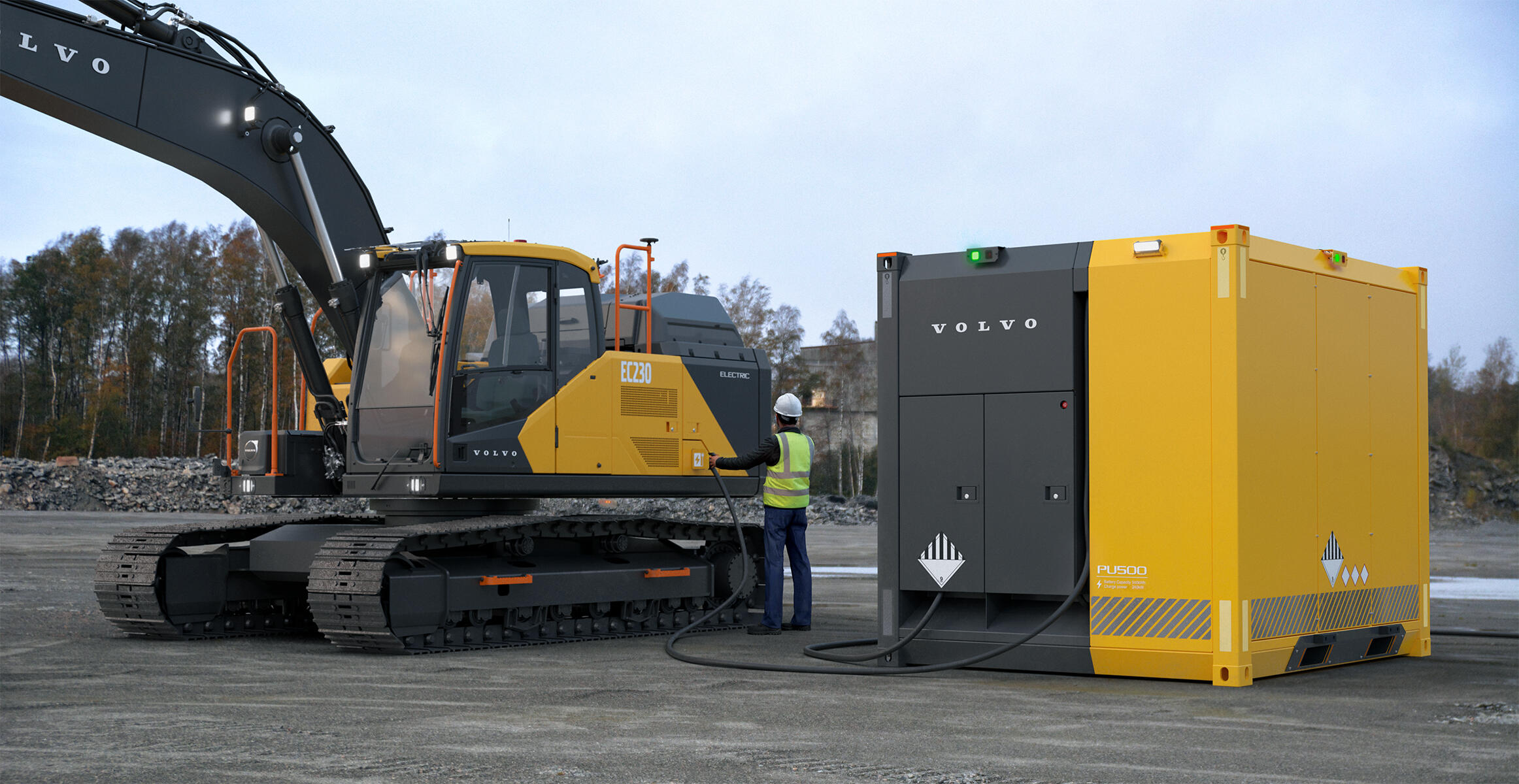 Uma escavadeira elétrica de esteiras Volvo EC230 recarregando em uma unidade de energia PU500.