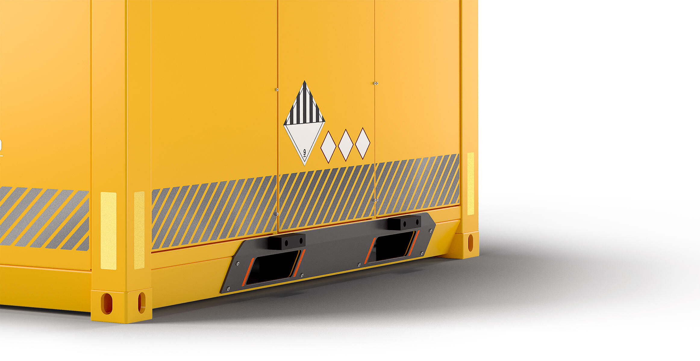 Nærbilde av løftehullene på undersiden av en PU500-ladeenhet fra Volvo.