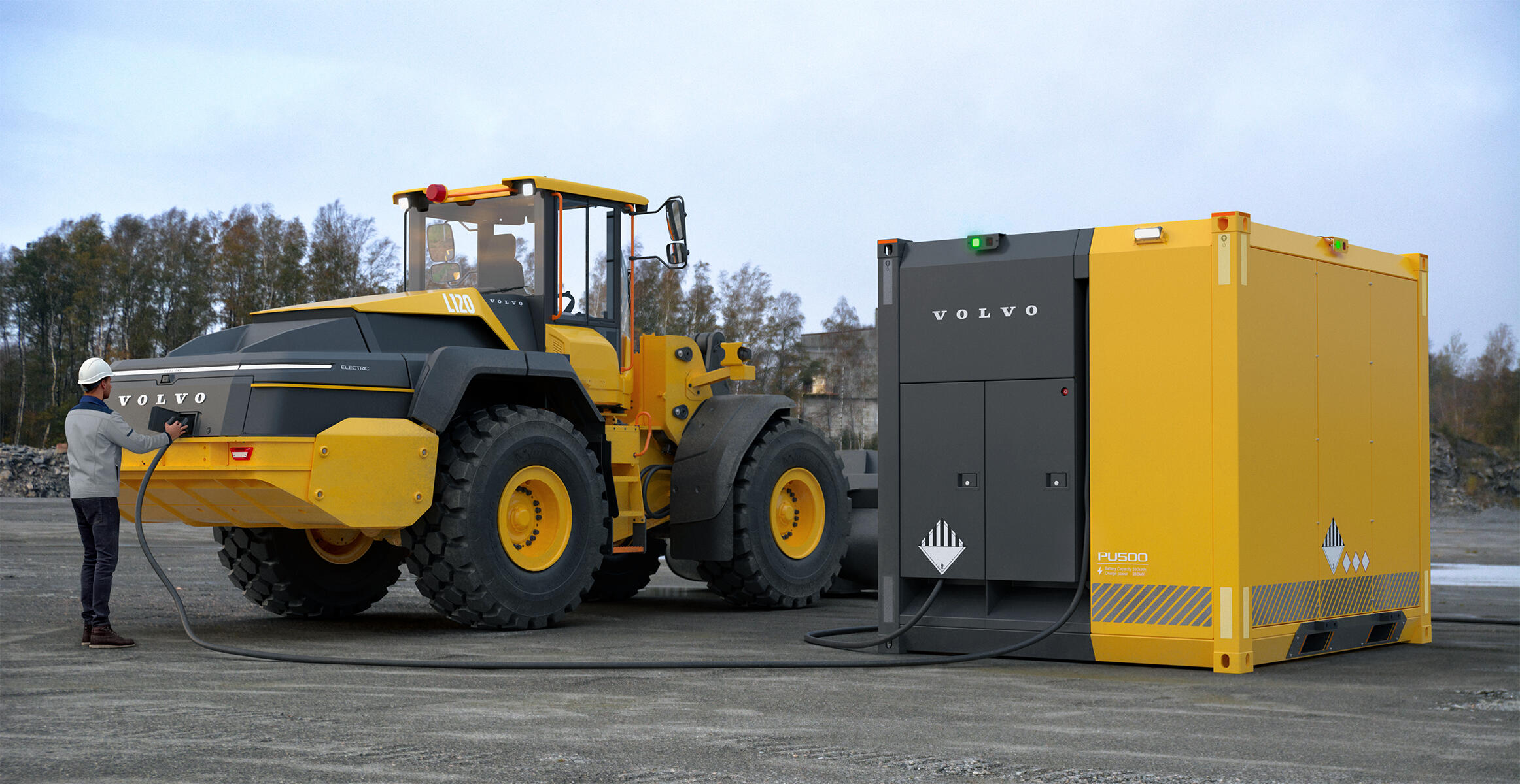 En Volvo L120 elektrisk hjullaster lades opp av en PU500-ladeenhet.