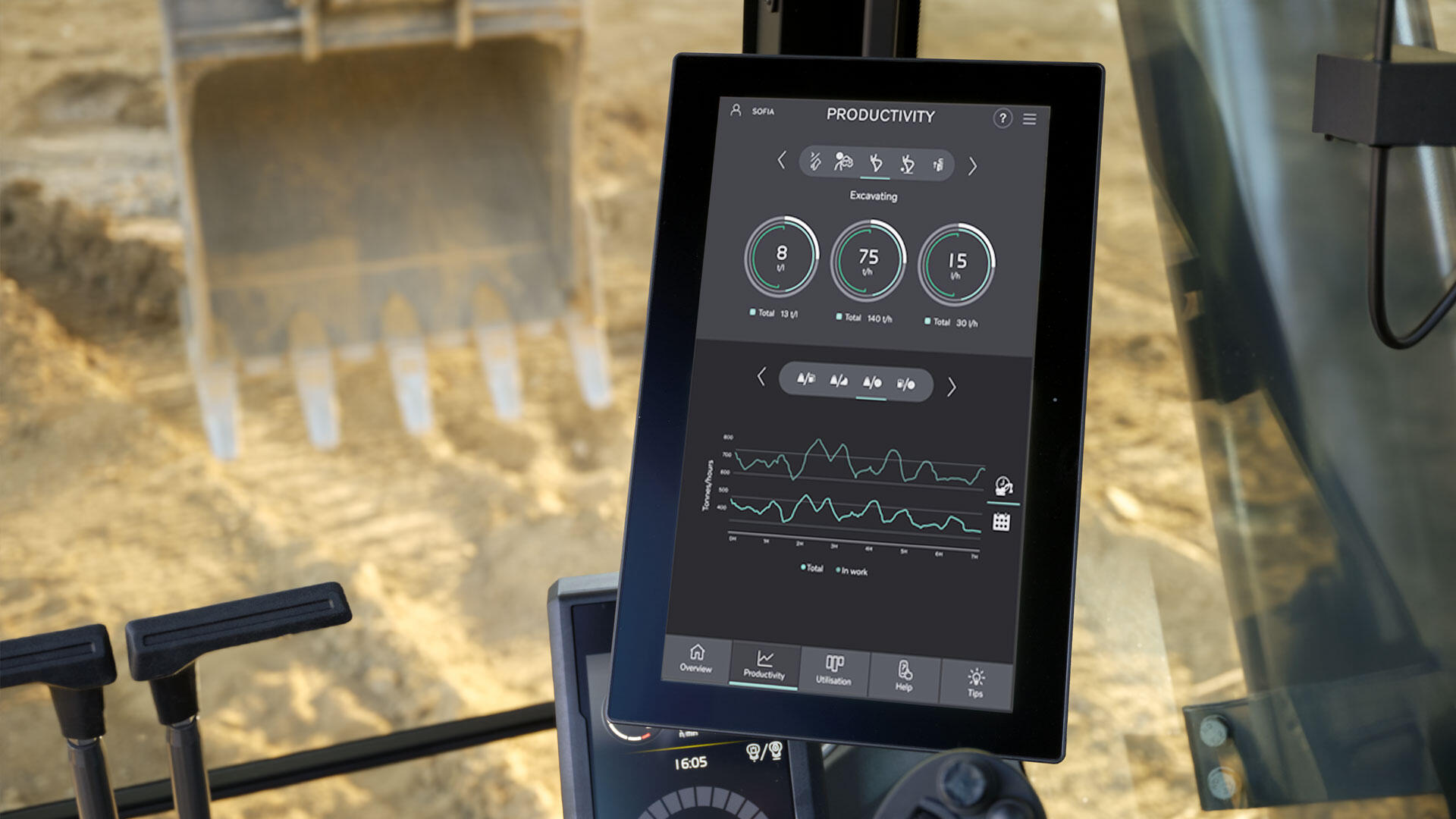 Volvo excavator cab touchscreen displaying productivity metrics and excavation data dashboard