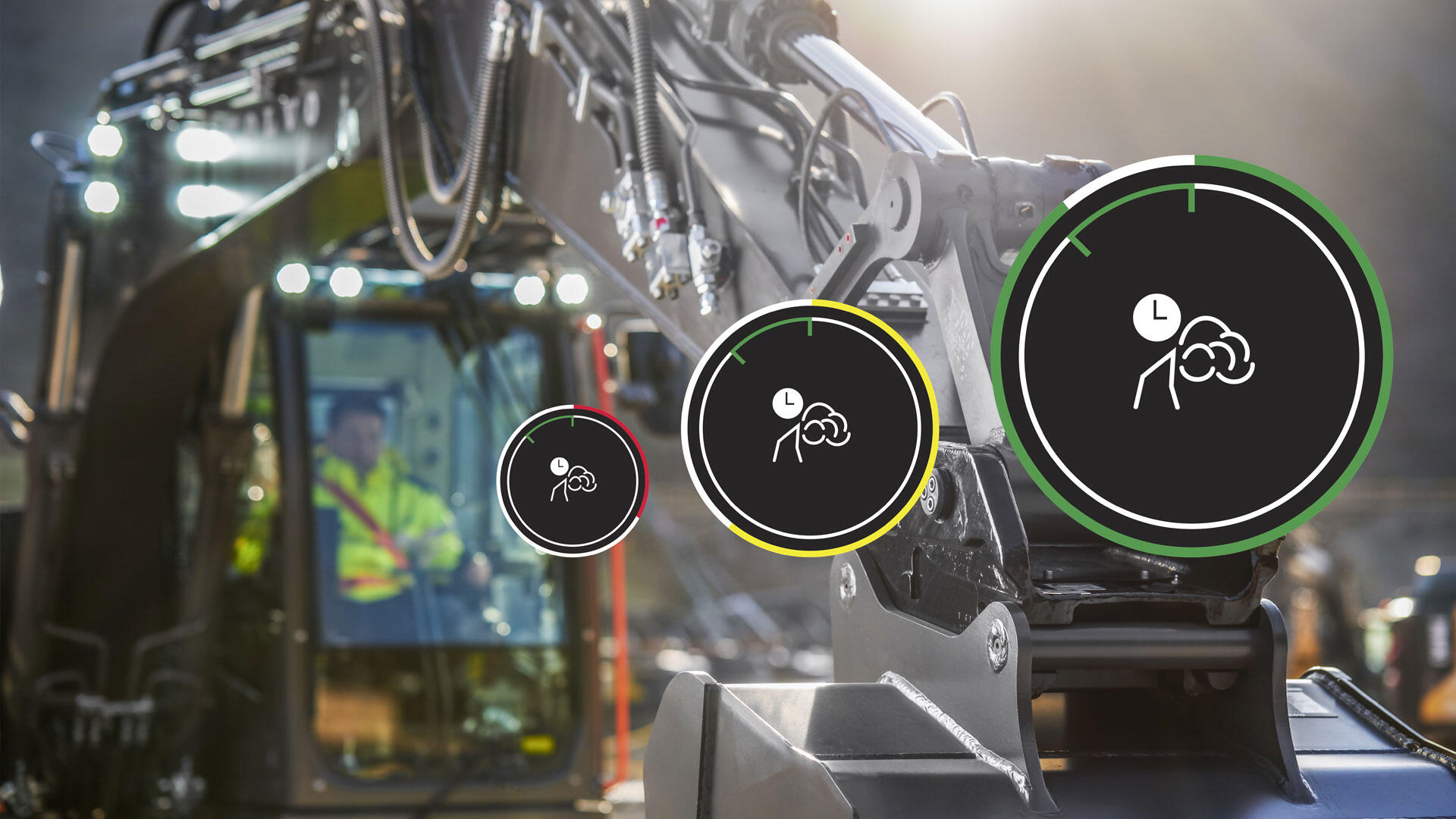 Volvo excavator arm with digital efficiency monitoring icons showing performance optimization levels