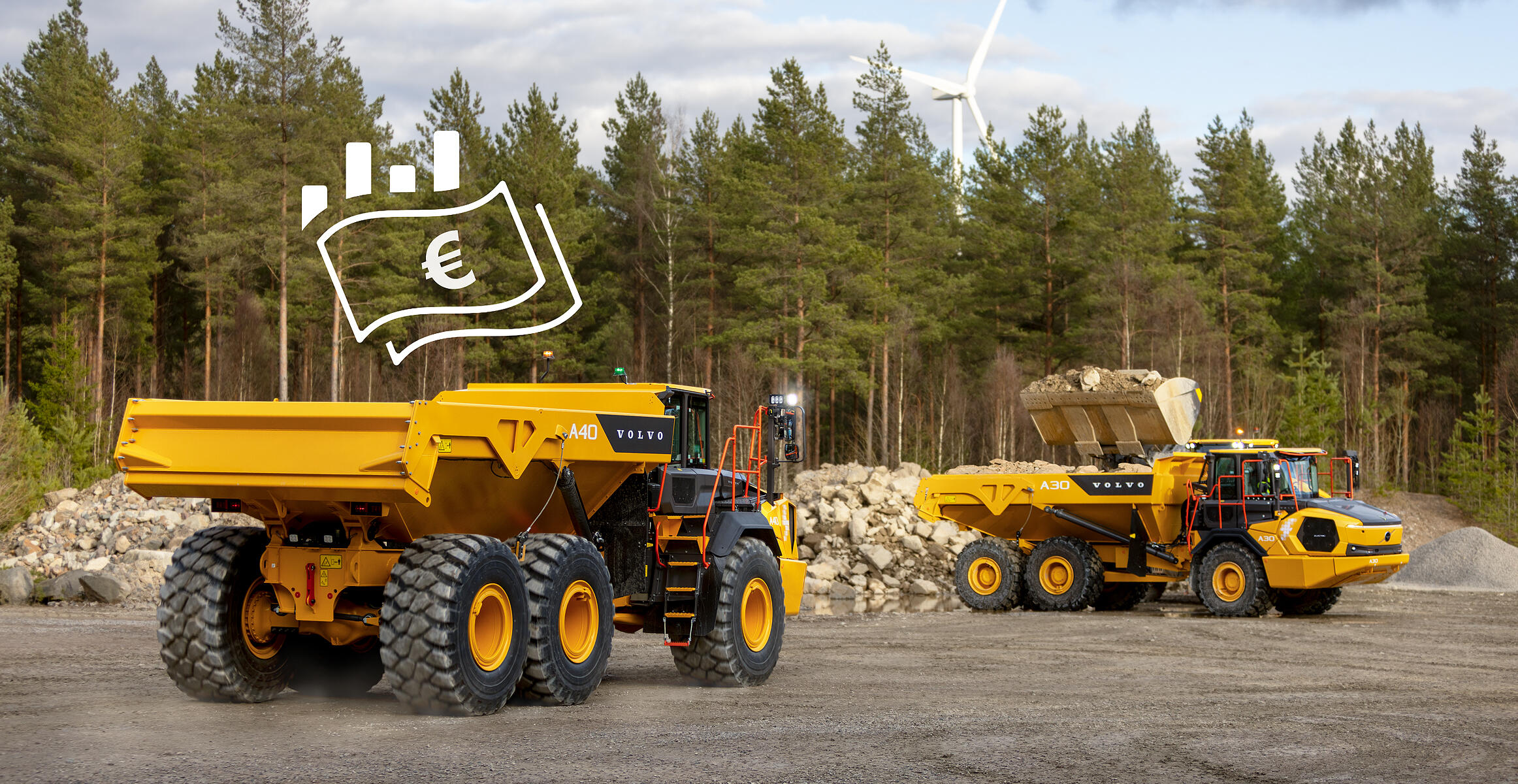 Deux nouveaux tombereaux articulés électriques Volvo A30 Electric et A40 Electric arborant un symbole de rapport coût/efficacité