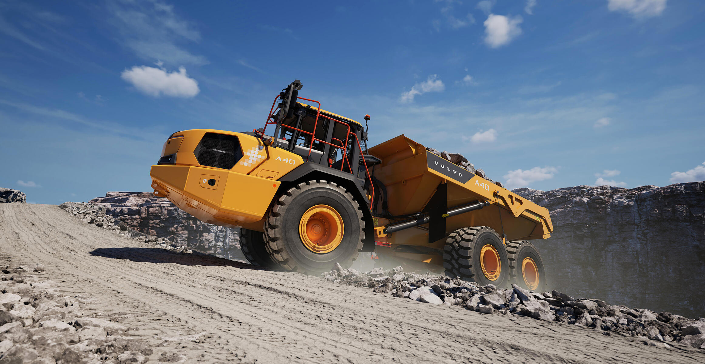 Volvos eldrivna ramstyrda dumper lämnar en gruva med full last