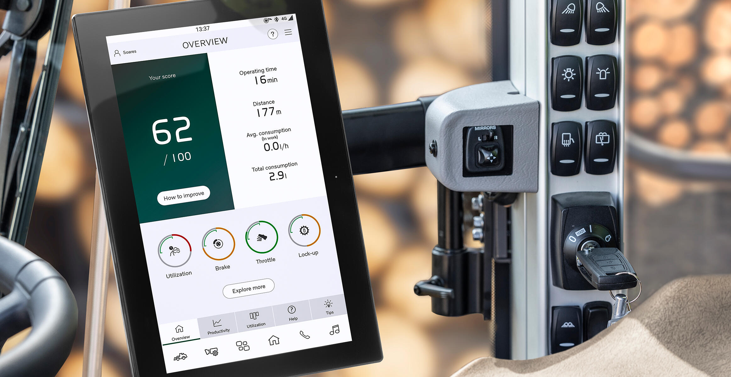Operator Coaching app on screen in Volvo L200 High Lift wheel loader