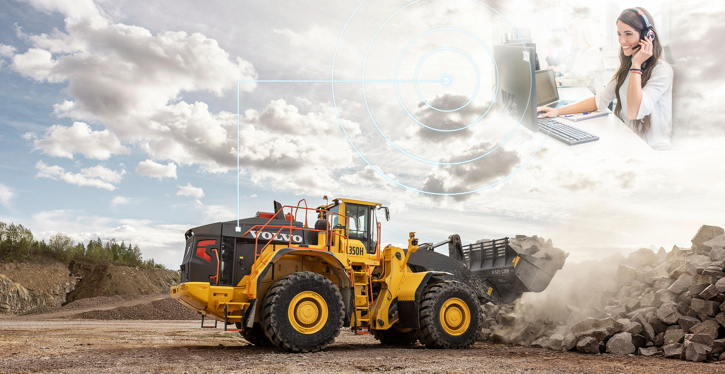 A Volvo Wheel loader L350H get connected with the support center people.