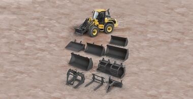 The Volvo L45H equipped with different attachments like a bucket or forks, showcasing versatility.