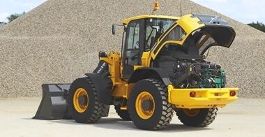 Rear view of the Volvo L50H, displaying the engine compartment showing easy daily service and maintenance checks.