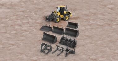 The Volvo L50H equipped with different attachments like a bucket or forks, showcasing versatility.