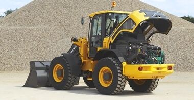 Rear view of the Volvo L50H, displaying the engine compartment showing easy daily service and maintenance checks.