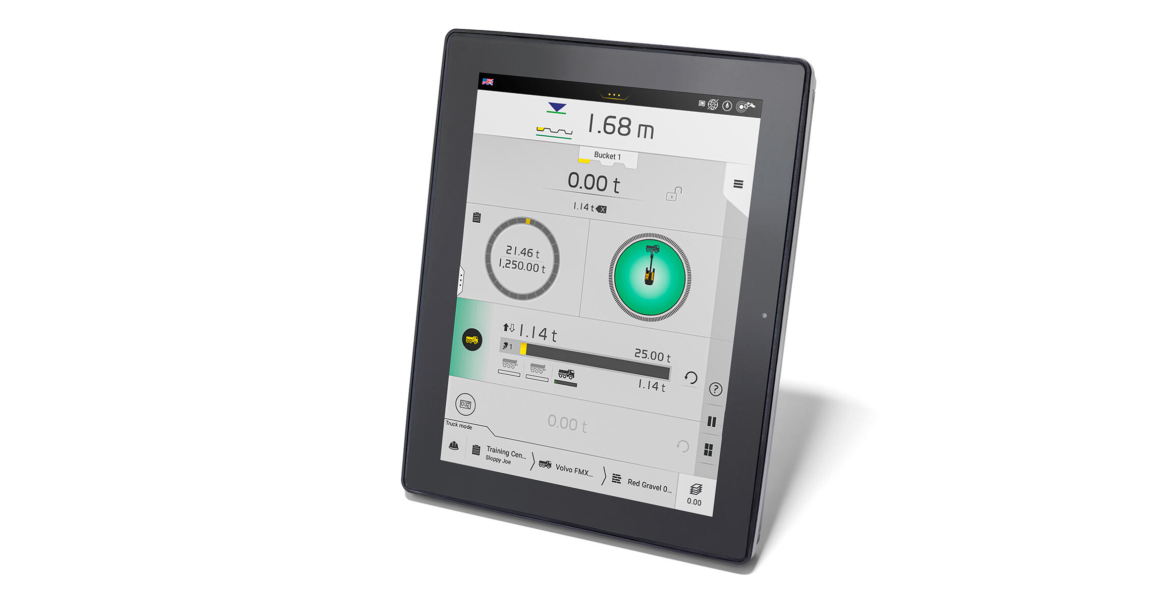 Volvo excavator control display showing load measurement and equipment positioning data