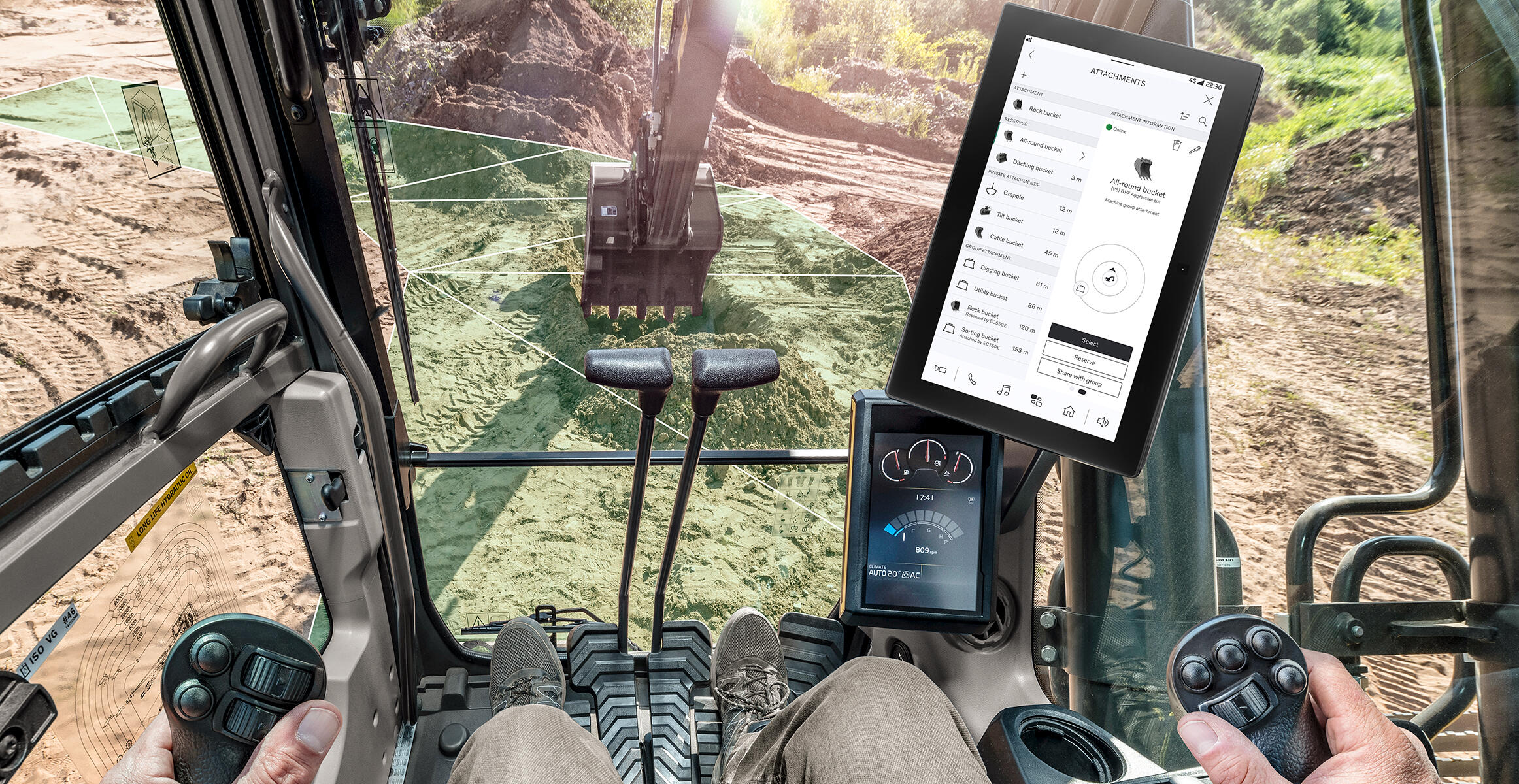 Volvo excavator cab interior with digital tablet showing equipment attachments and controls