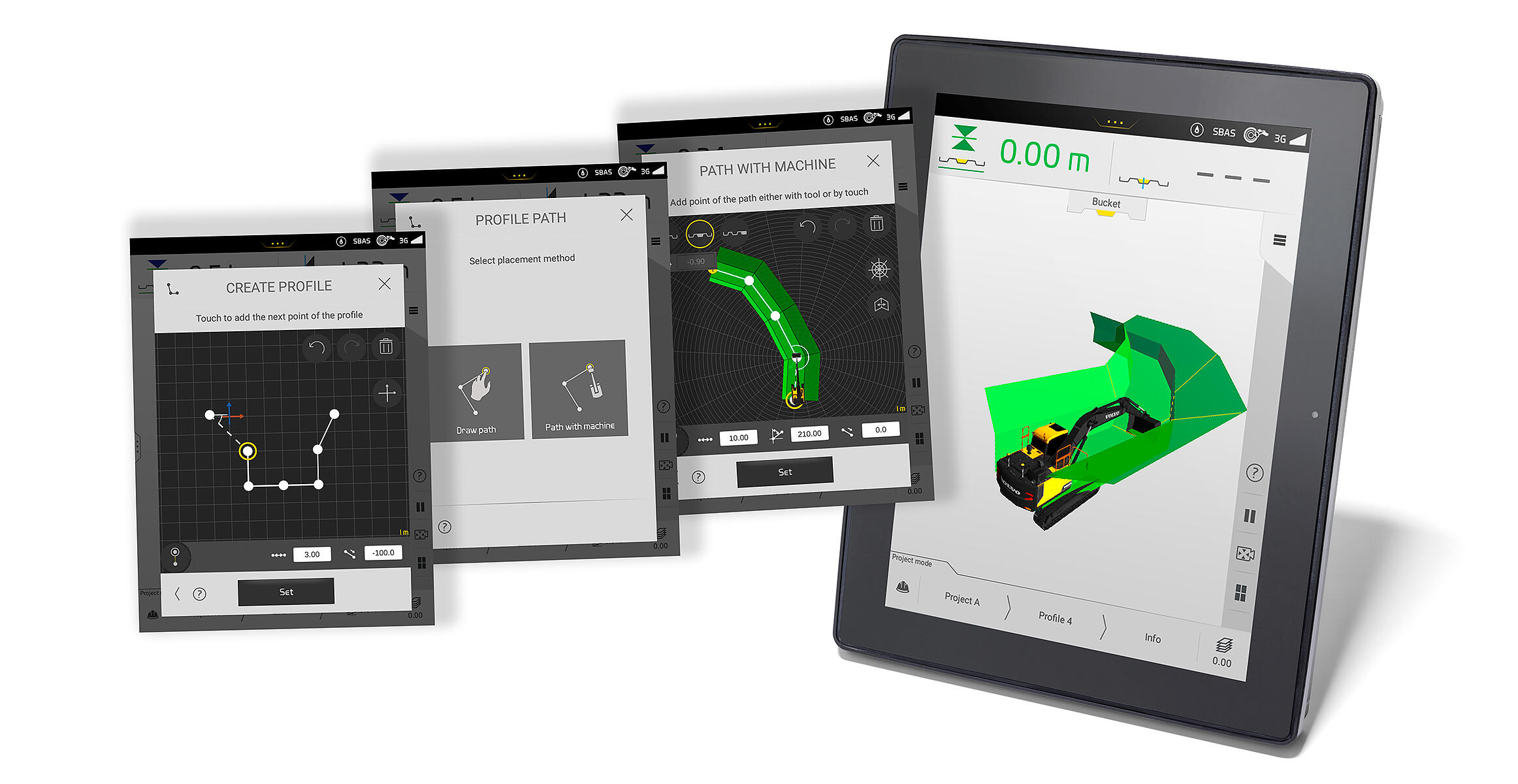 Volvo excavator control system interface screens showing dig assist and 3D grading features