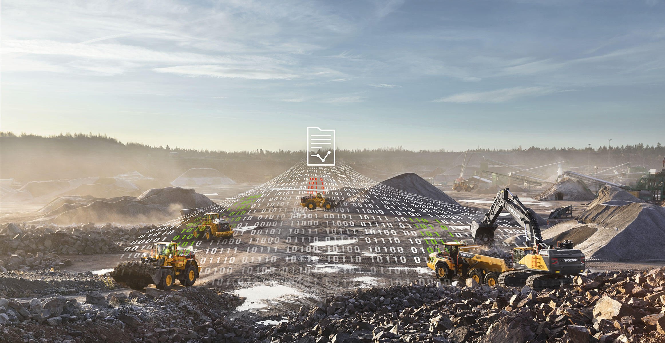 Volvo construction equipment on jobsite with digital data stream overlay representing connectivity