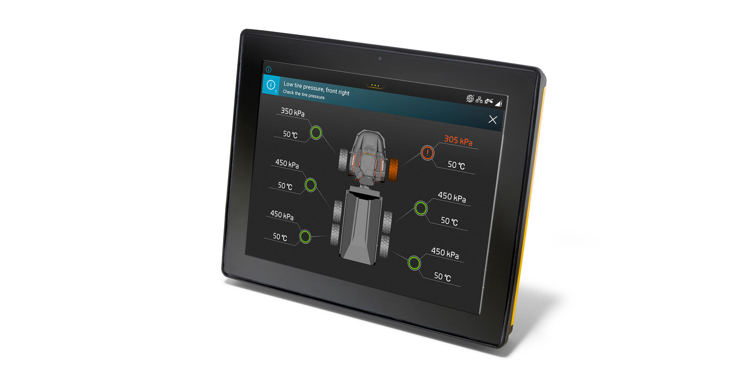 Sistema di monitoraggio della pressione pneumatici Volvo CE per Haul Assist, che facilita il controllo.