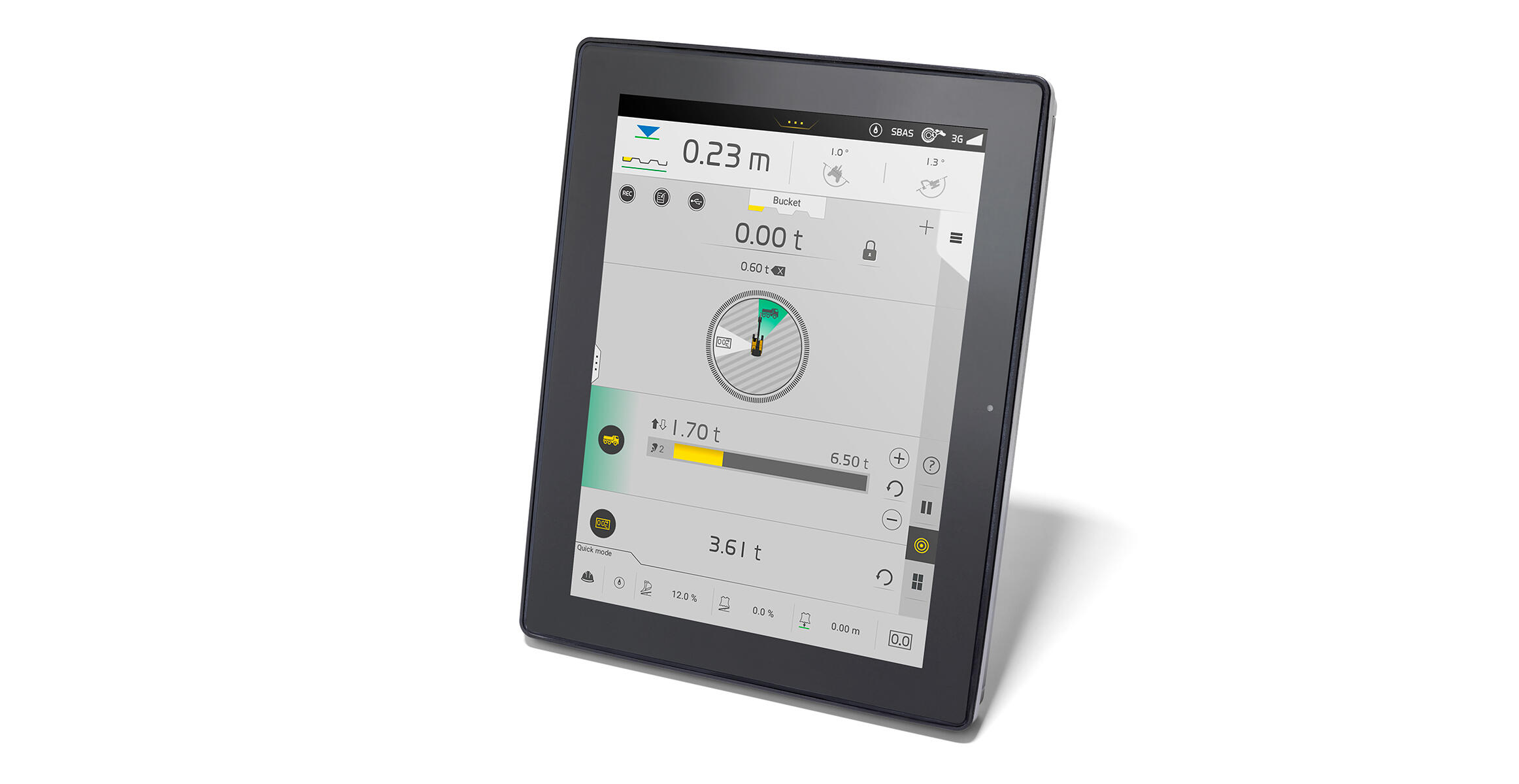 Volvo excavator control display showing load metrics and positioning interface