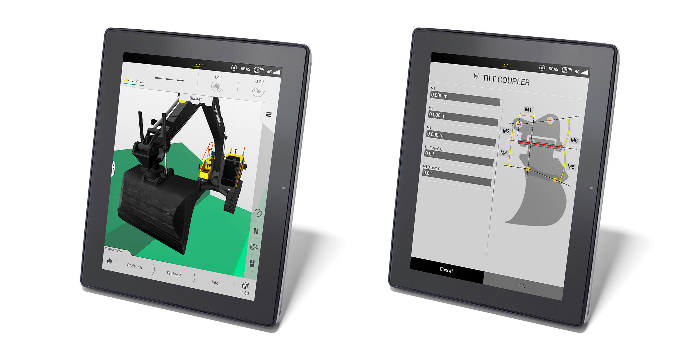 Two tablets displaying Volvo excavator control interface with 3D model and tilt coupler settings