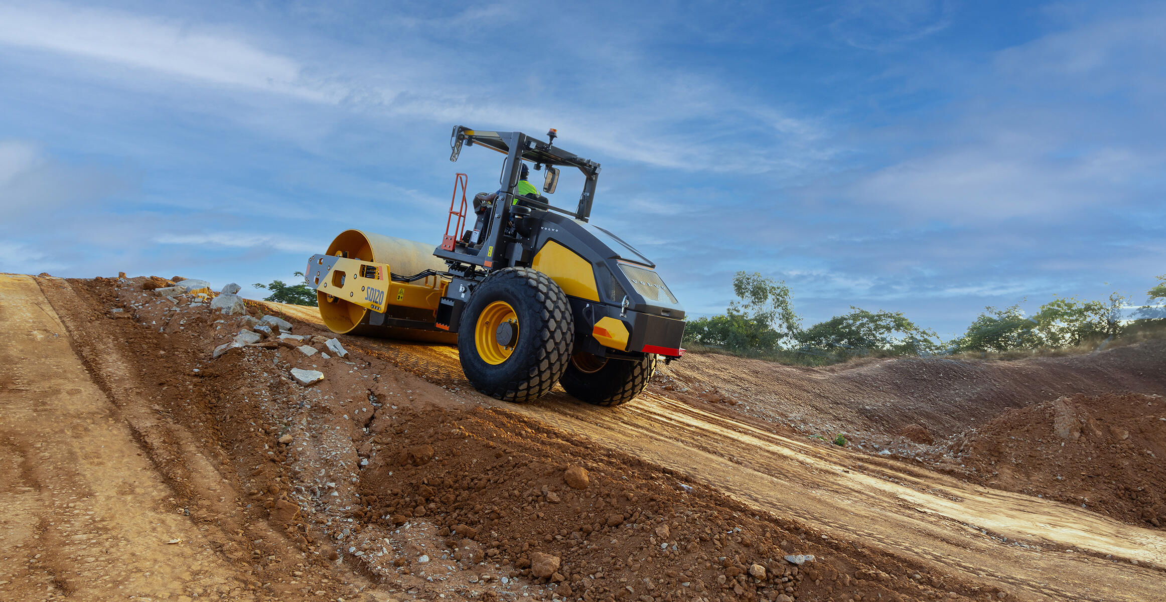 An SD120 from Volvo compacting the soil on a slope