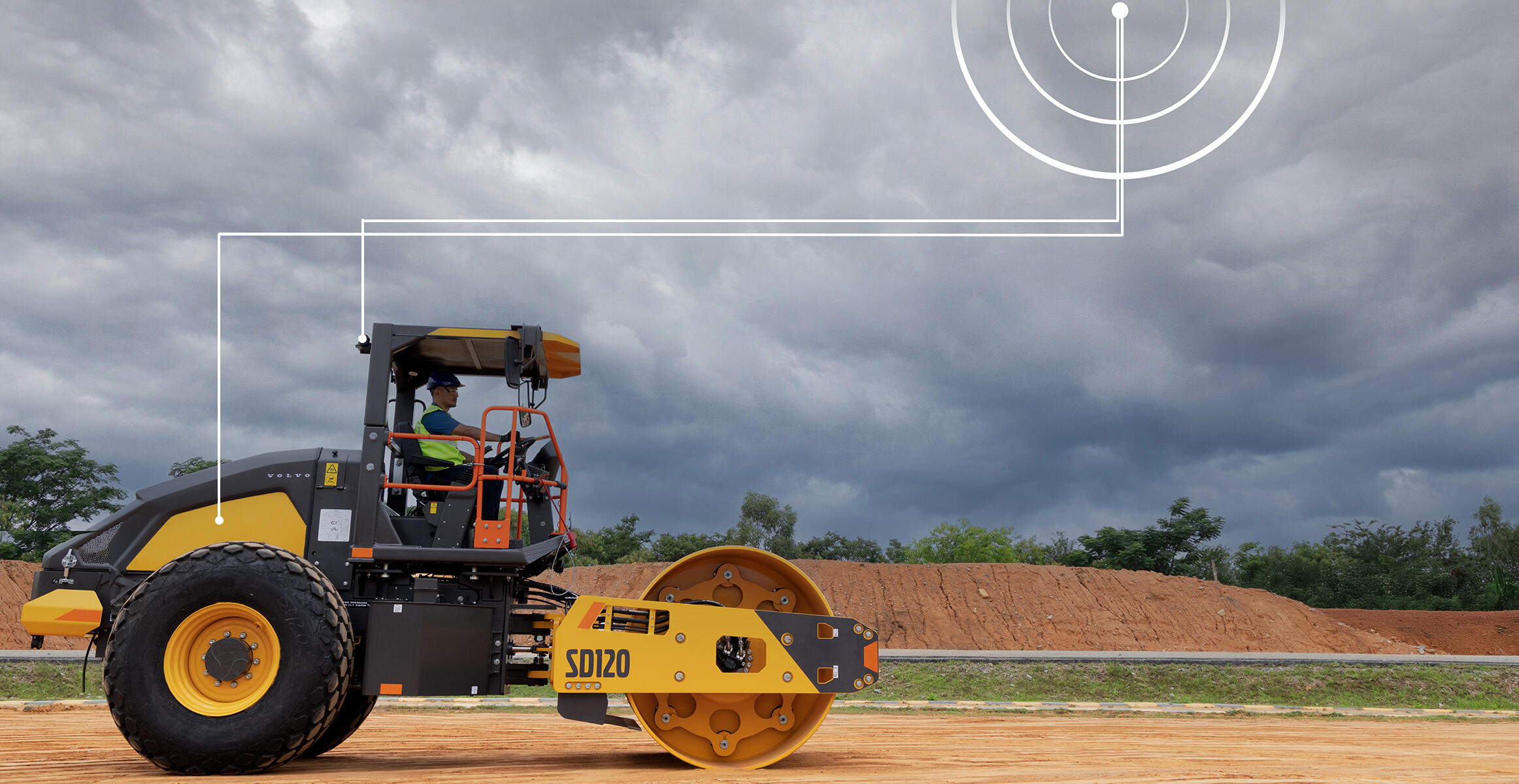 A Volvo SD120 soil compactor connected with Caretrack telematic system in real time machine informations.