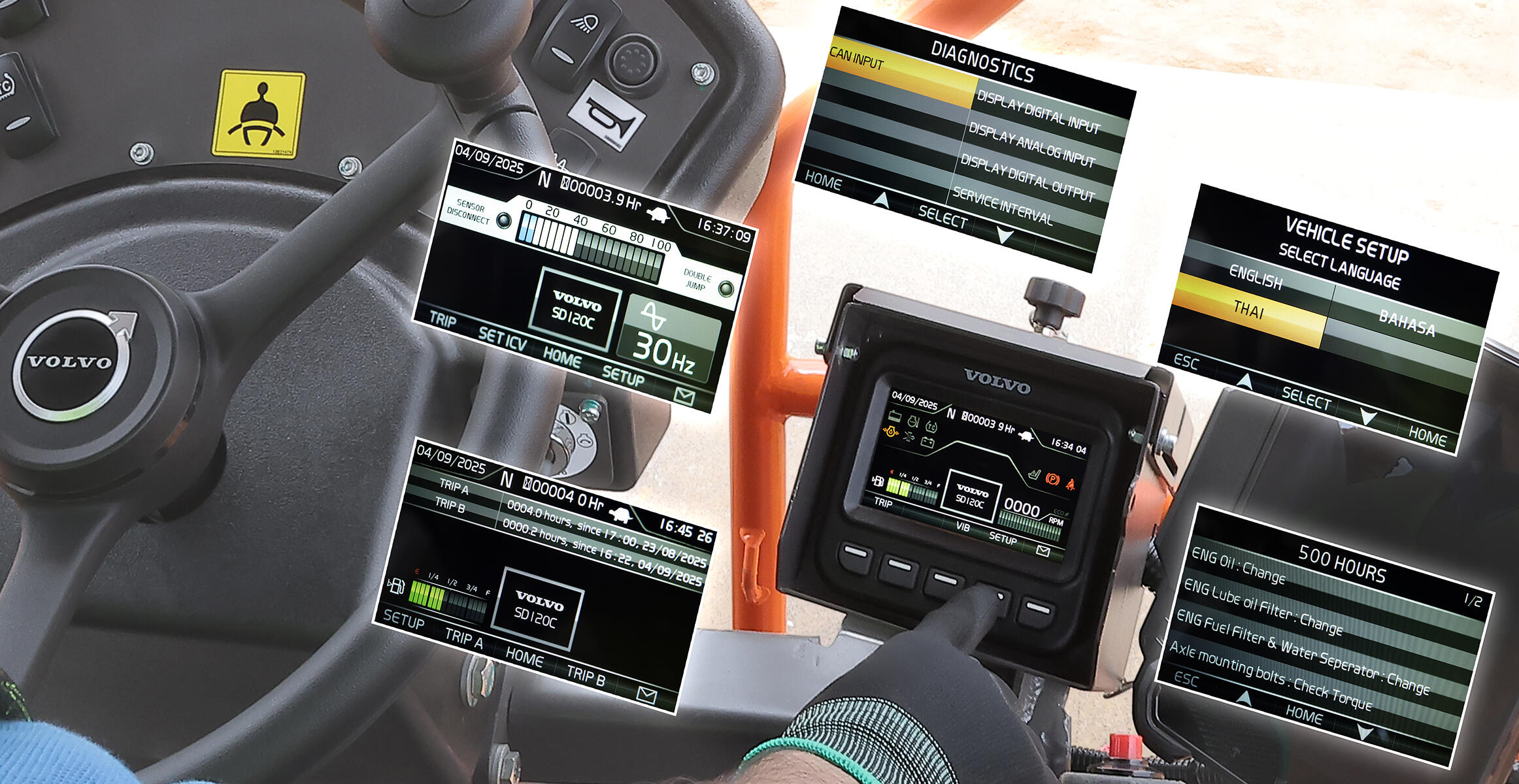 Exploded view showing the different interfaces available for example changing easily the interface language: English, Thai, Bahasa