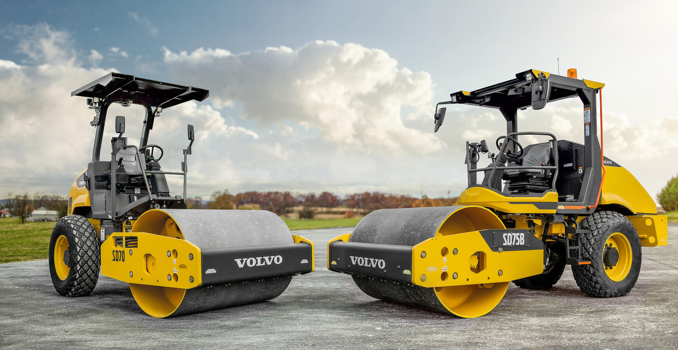 Volvo SD70 and Volvo SD75 soil compactors parked side-by-side