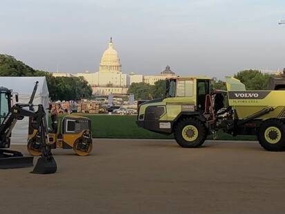 Volvo machines lined upon the National Mall in Washington DC, US. 