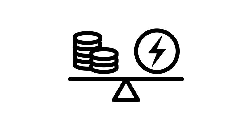 Icon illustrating weighing scale with money and electricity