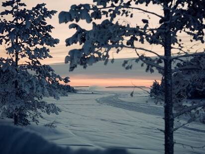 Snowy landscape in sunset