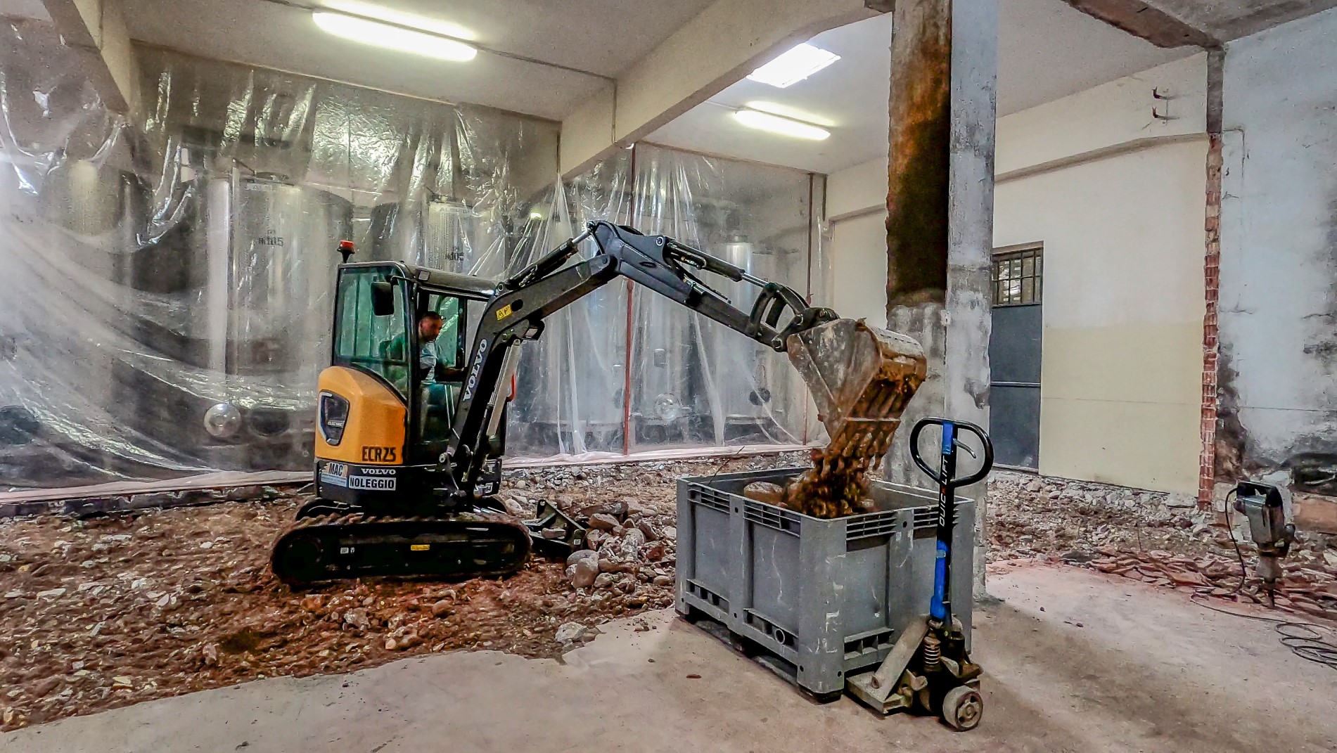 Volvo electric machine inside a wine cellar