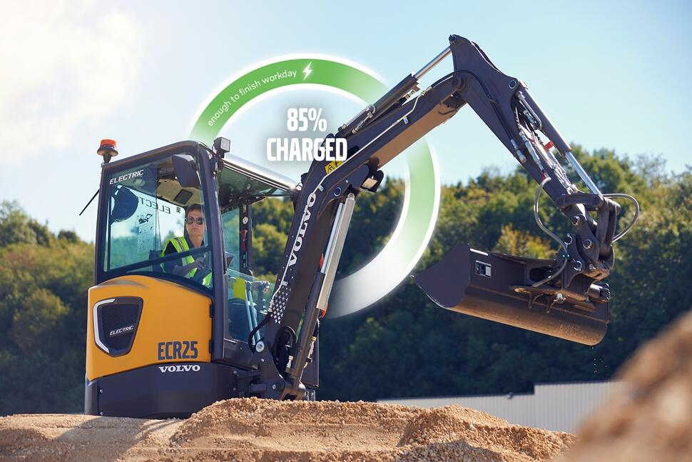 Volvo ECR25 – 85 % laddad – tillräckligt för att slutföra arbetsdagen
