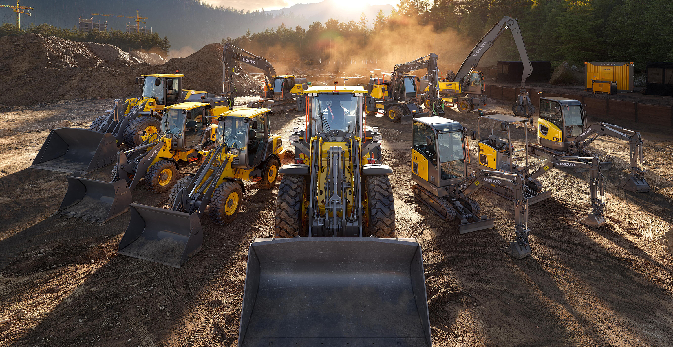 Line up of Volvo electric construction machines.