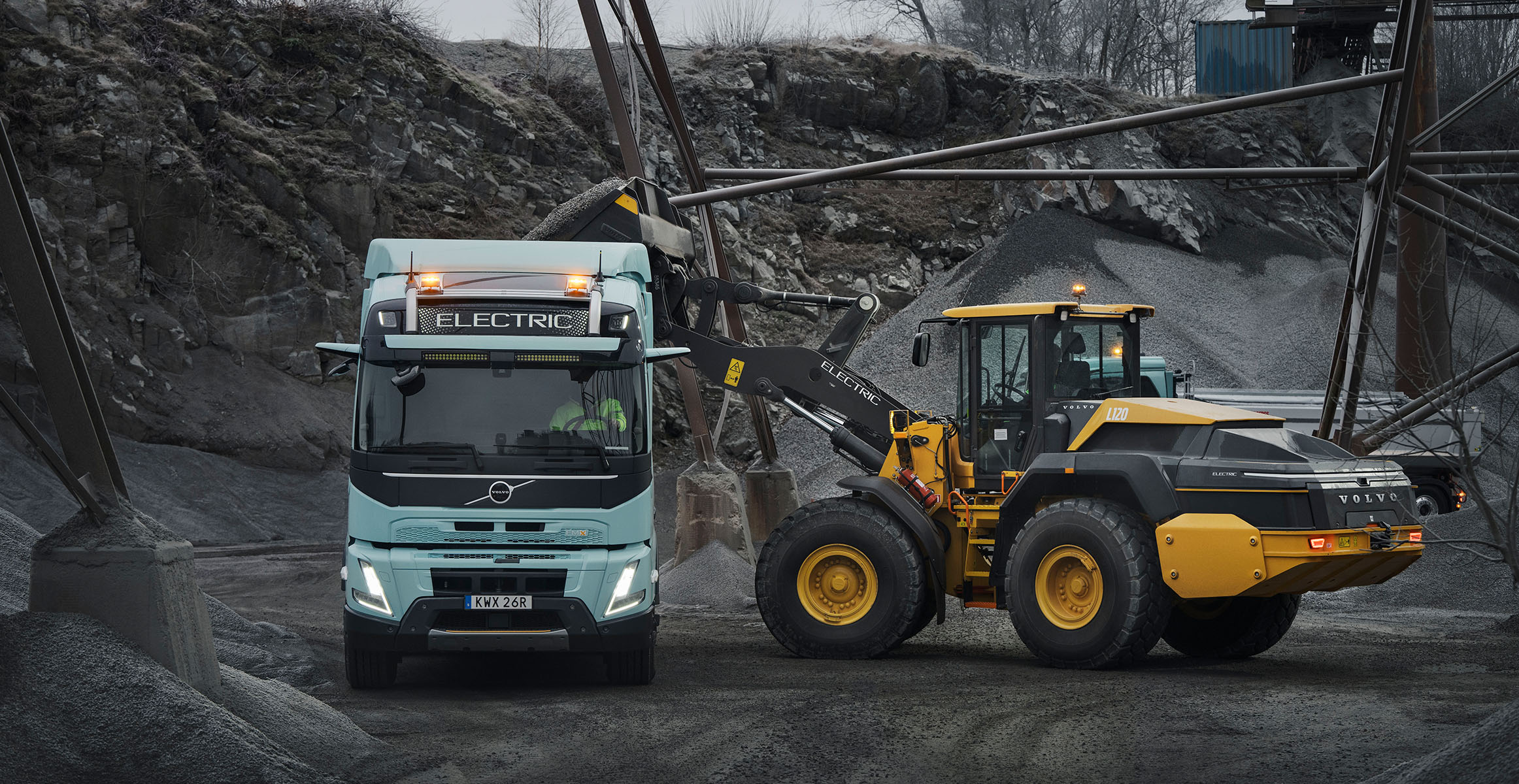 Volvo L120 Electric wheel loader loading onto an electric truck.