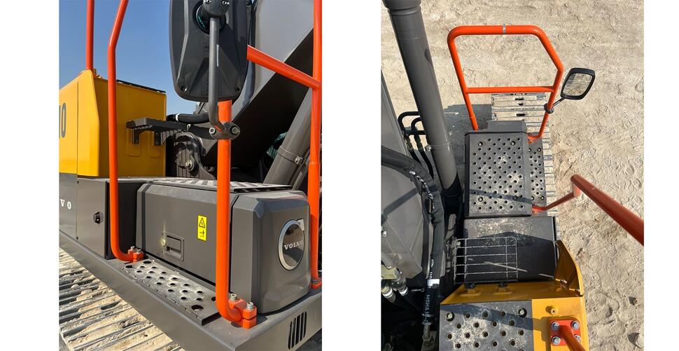 Skid-resistant plates and orange handrails from Volvo excavators
