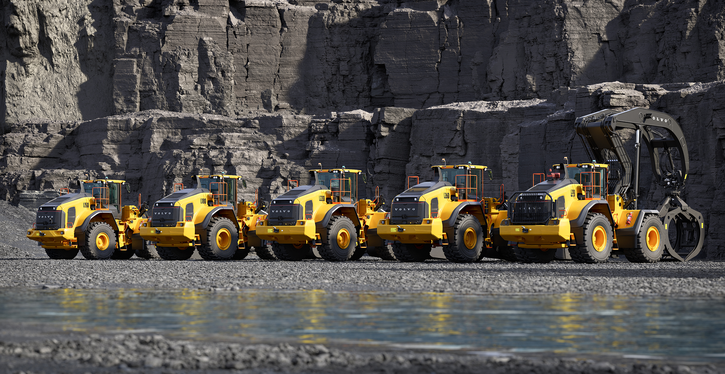 Lineup of new generation Volvo wheel loaders.