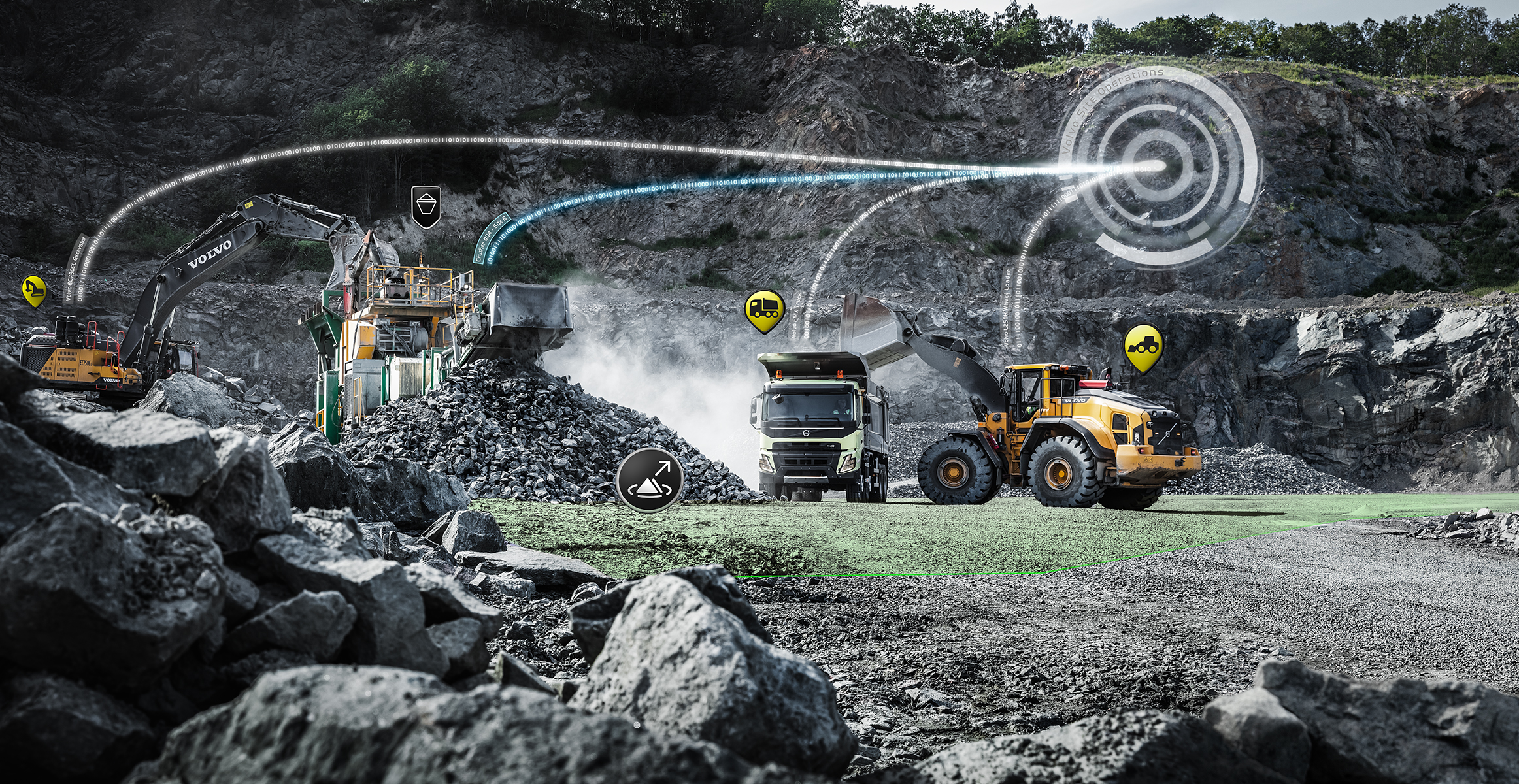 Connected construction machines working smart in a quarry.