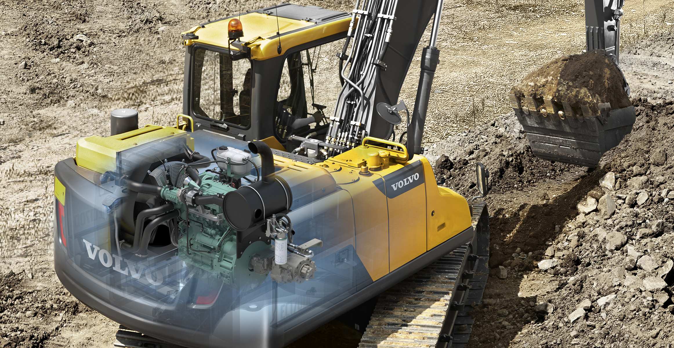 Volvo excavator with cutaway view highlighting remanufactured engine components for improved performance and uptime.