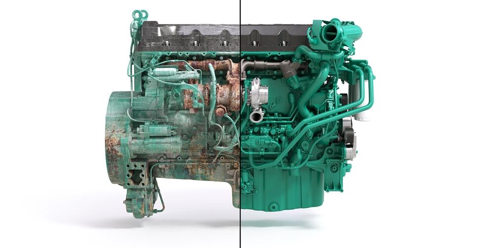 Side-by-side view of a used engine and a Volvo remanufactured engine, illustrating the transformation to as-new condition.