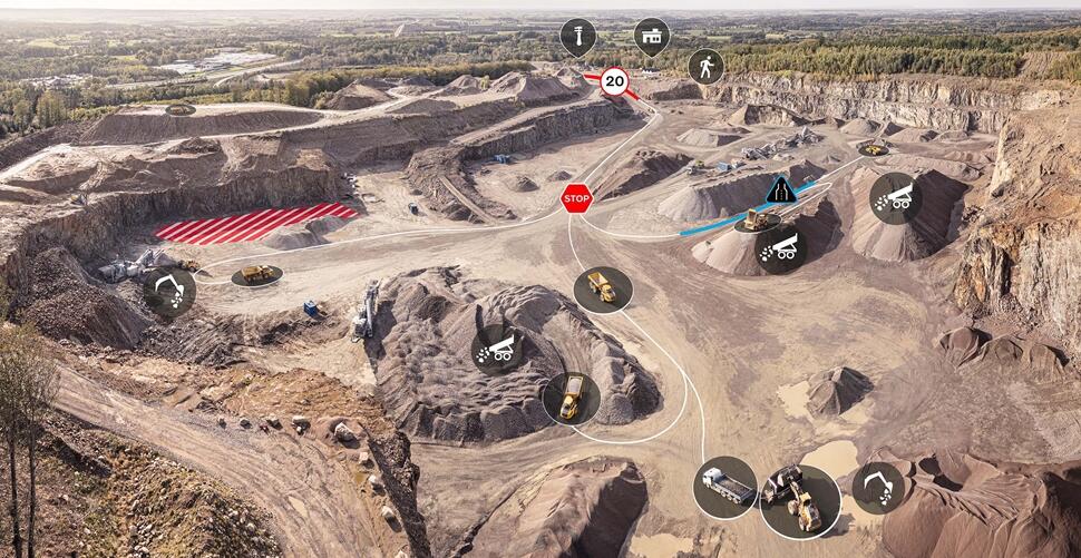 Illustration of Volvo Connected Map showing real-time hauler positions and site traffic on a construction site.