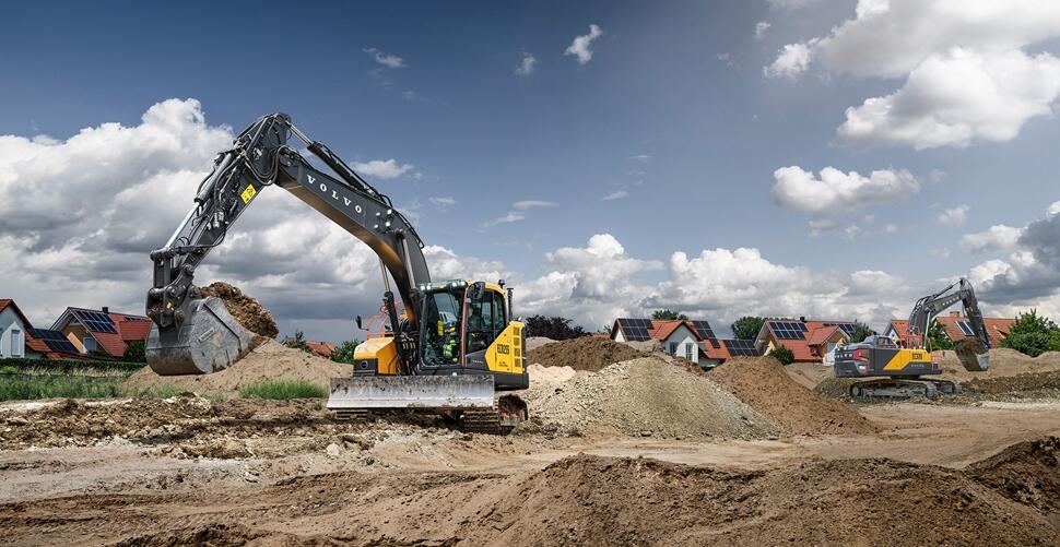 ECR255 working on earthmoving at construction site under cloudy sky