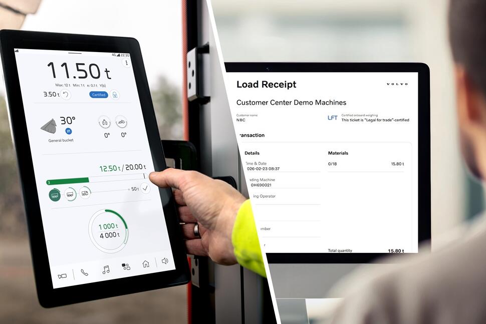 Split view of a load weighing app on tablet and a Volvo Load Receipt on a monitor
