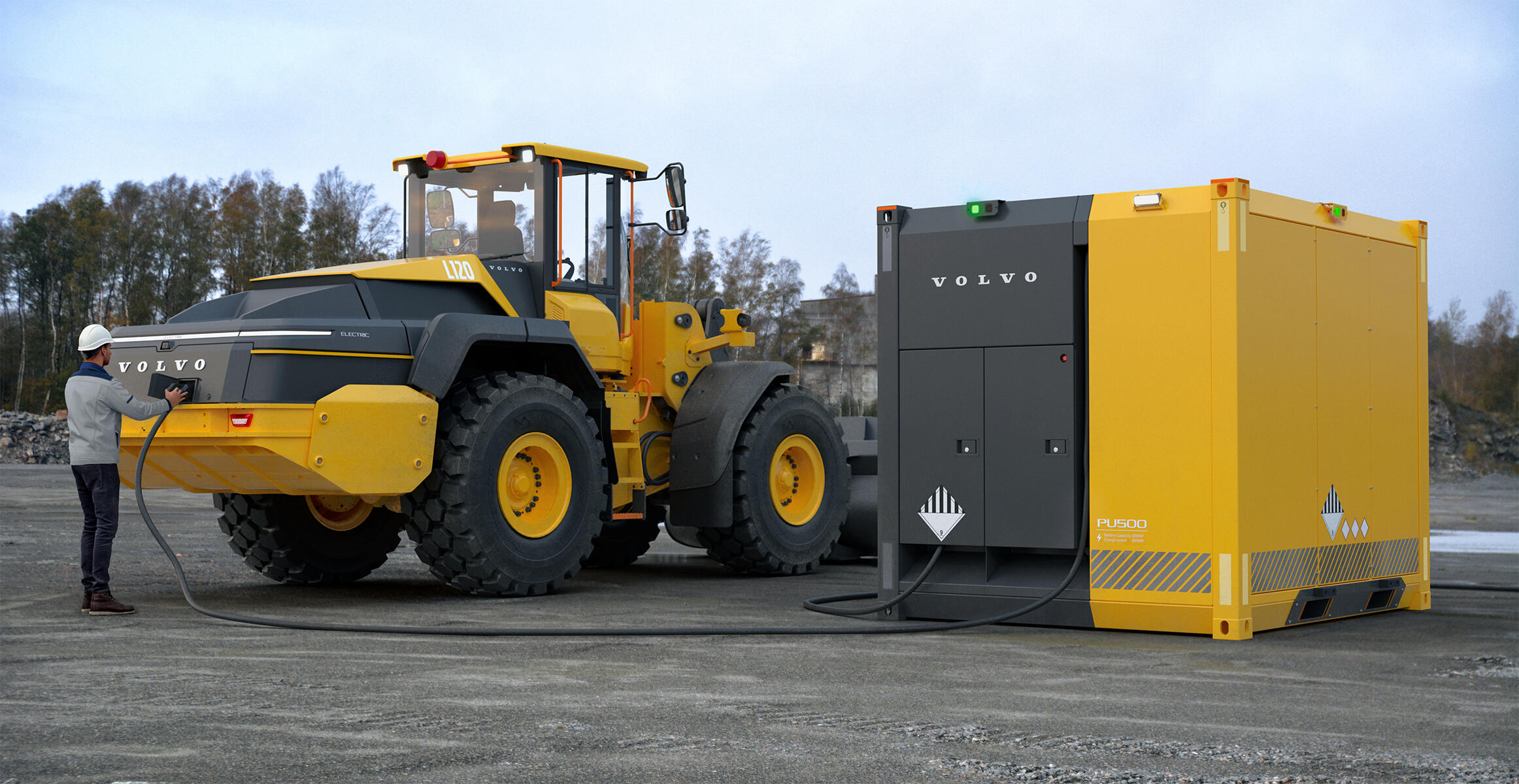 Volvo PU500 power unit charging an electric wheel loader.