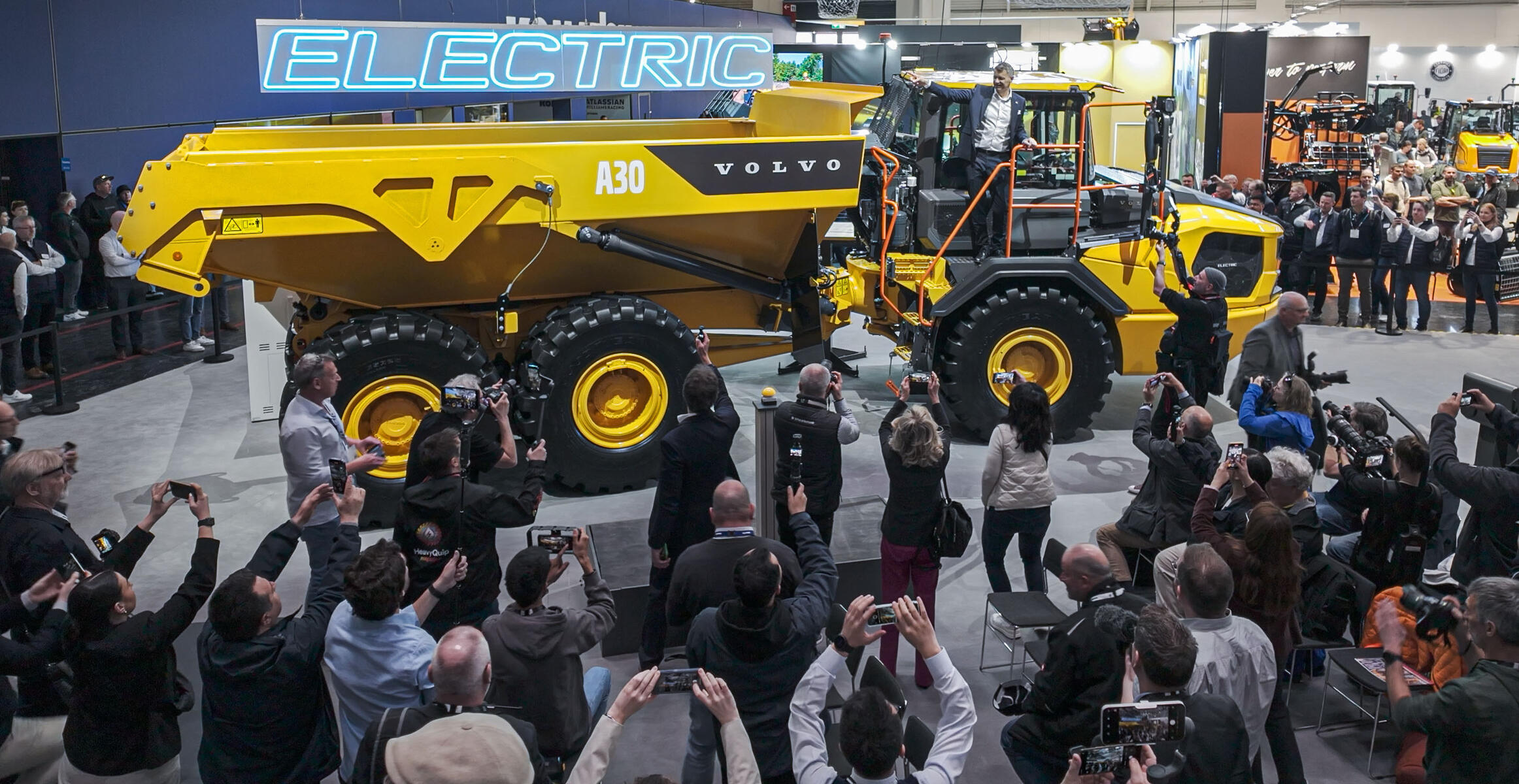 Volvo A30, the world’s first commercial electric hauler, being revealed at the Bauma 2025 fair in Munich, Germany. 