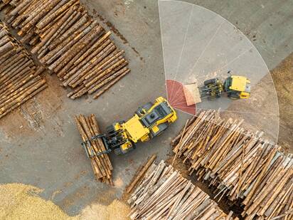 WLO Collision mitigation system, displayed with an graphic overlay on a picture of a timber yard