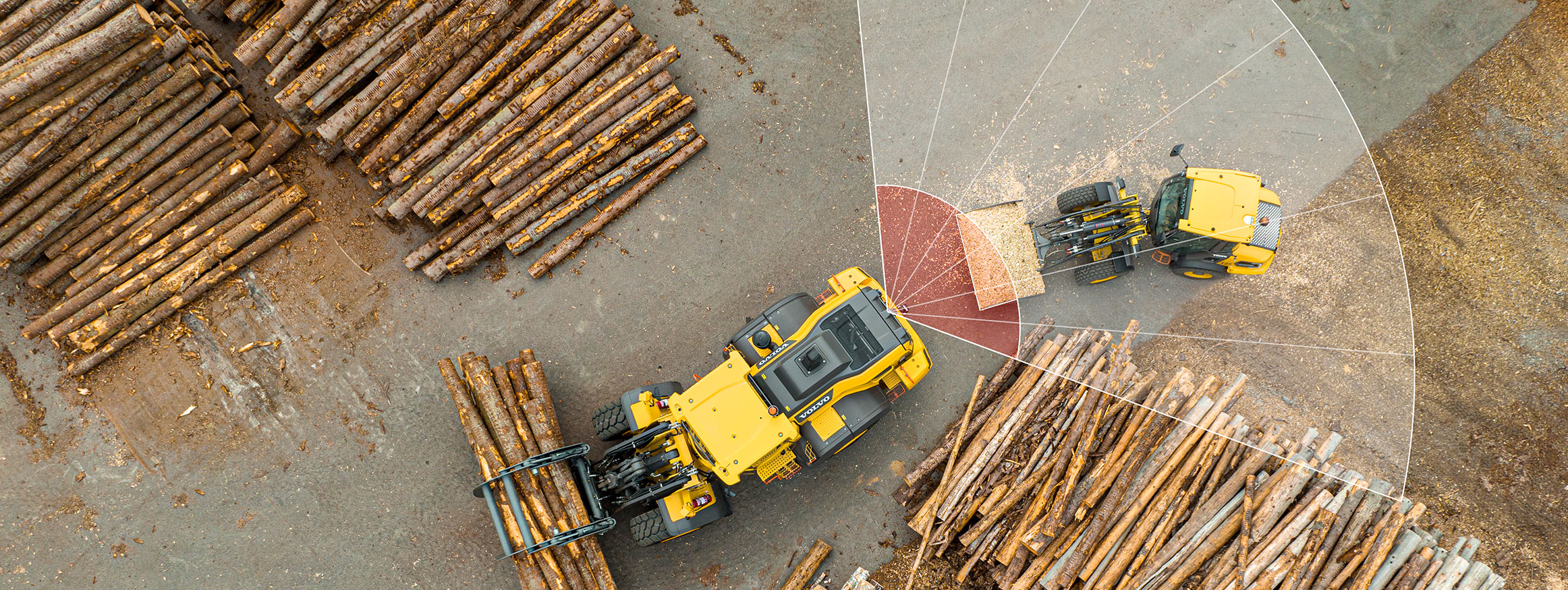 WLO Collision mitigation system, displayed with an graphic overlay on a picture of a timber yard