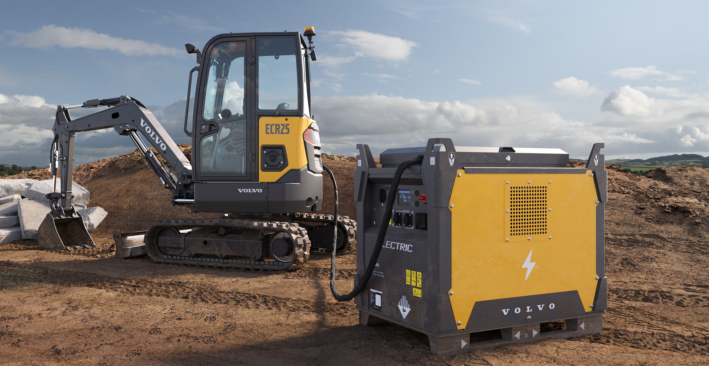 Charging setup demonstrating how to charge an electric construction machine.