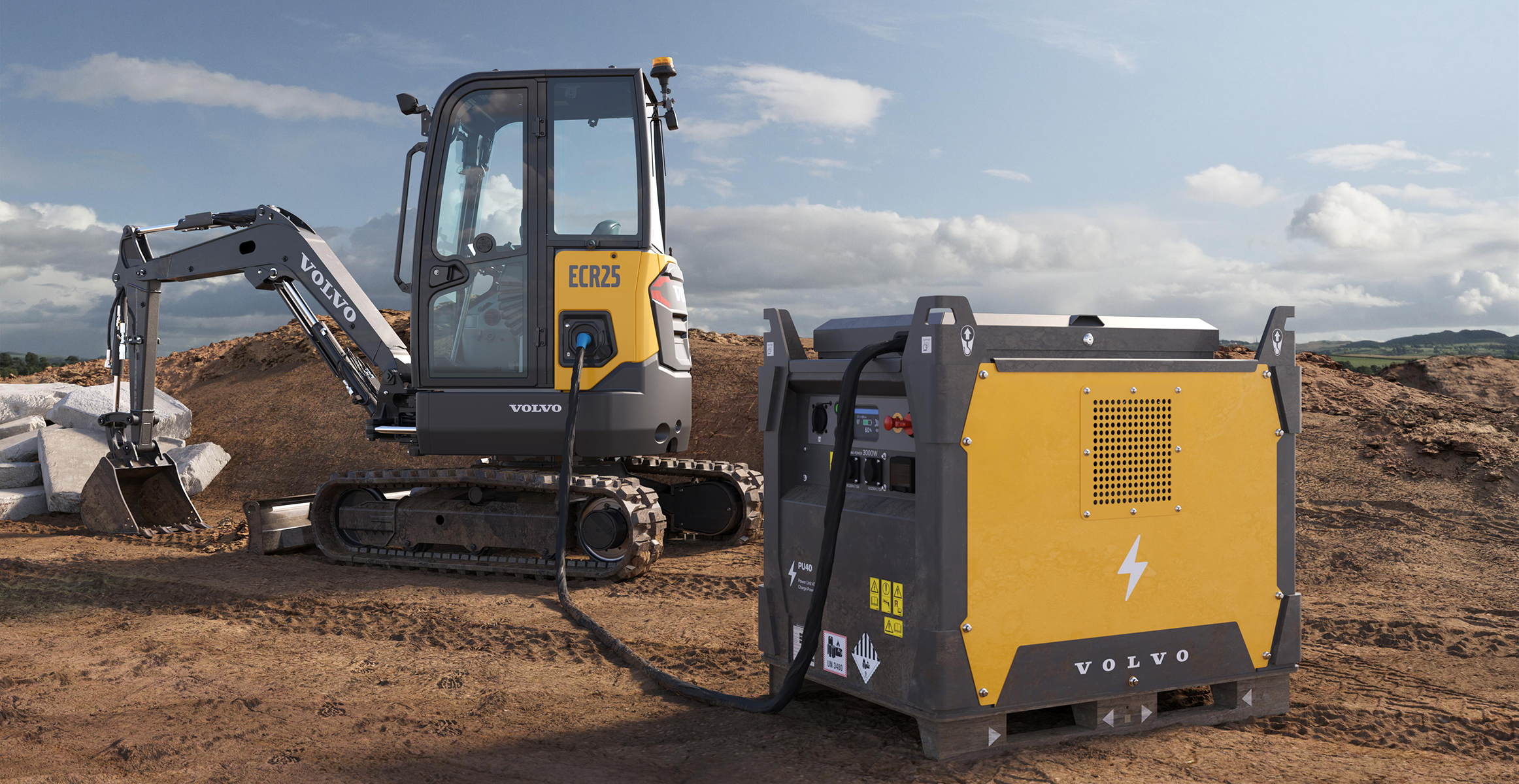 Charging setup demonstrating how to charge an electric construction machine.