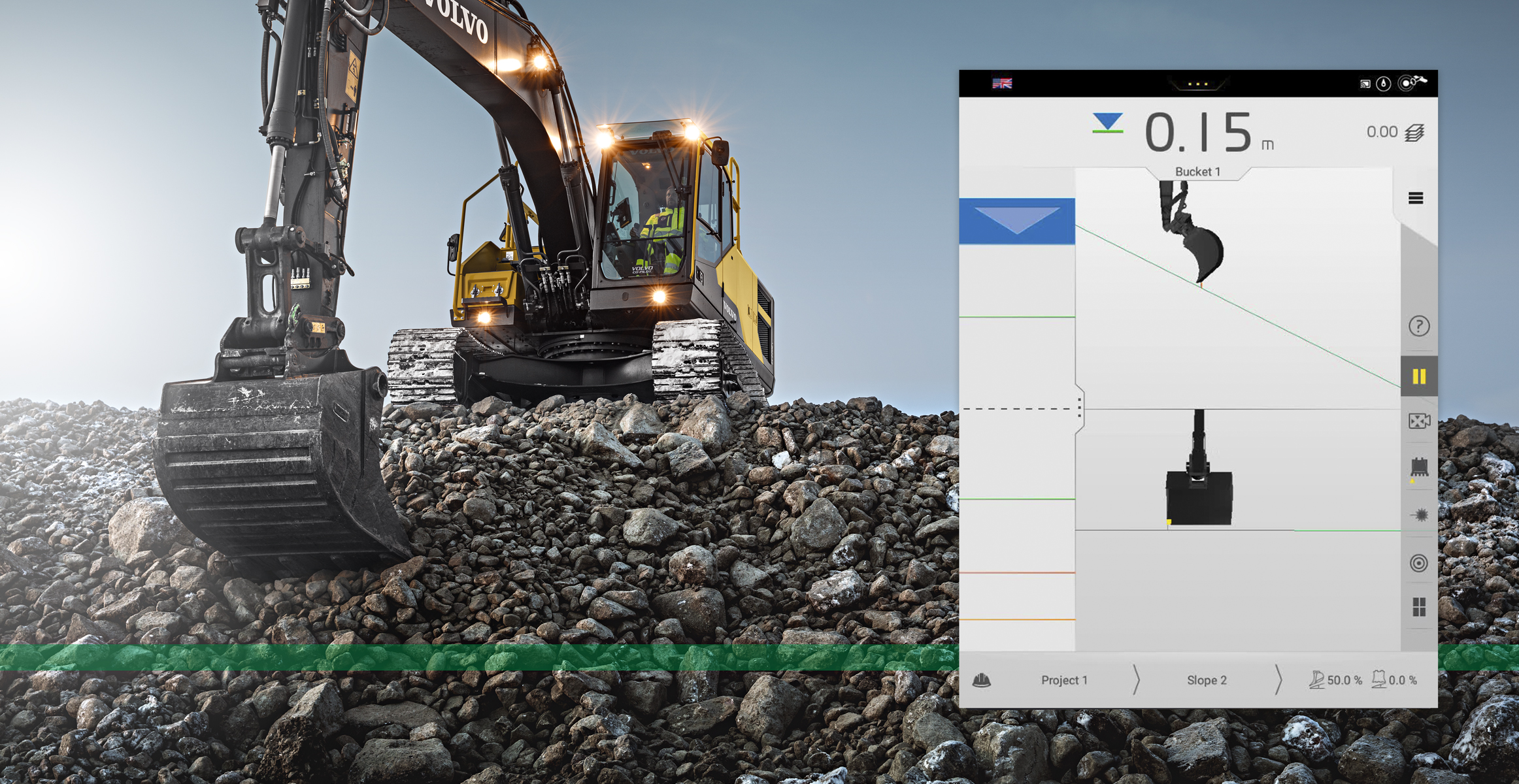 A Volvo excavator digging into rock with a green Dig Assist depth indicator line and Volvo Co-Pilot screen monitor shown. 