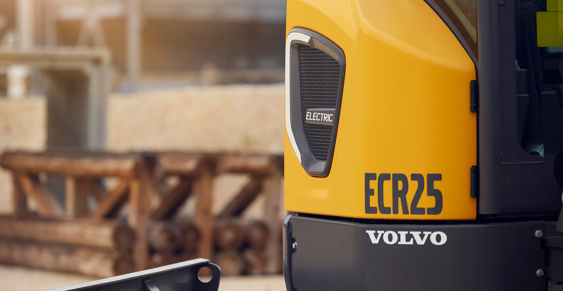 Close up view of the Volvo ECR25 Electric compact excavator.