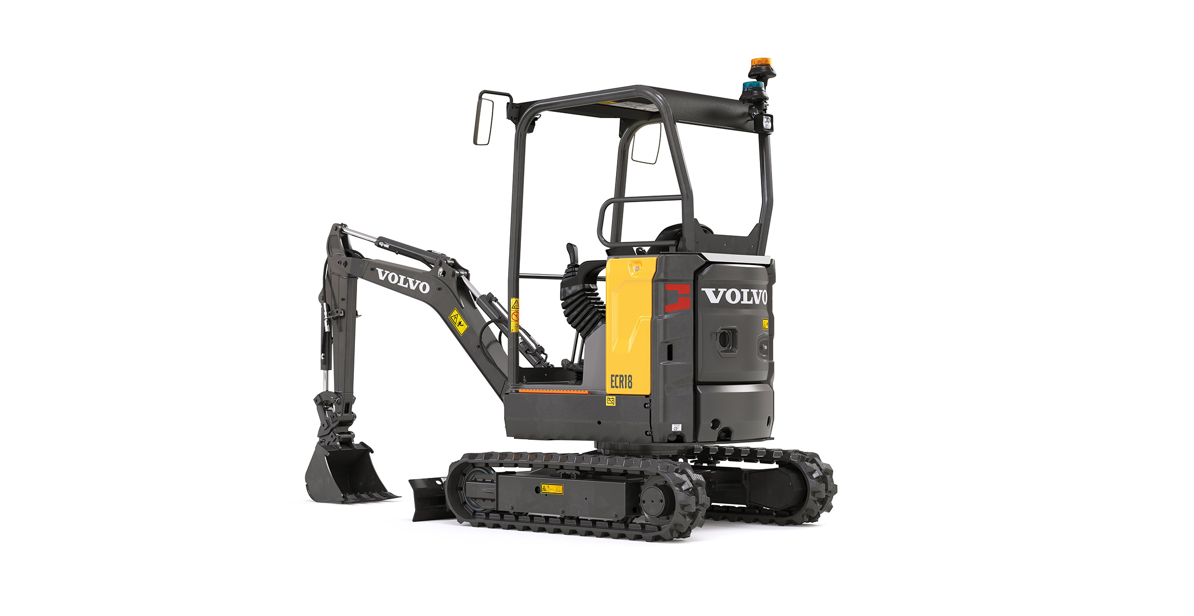 Knockout image of a Volvo ECR18 Electric mini excavator.